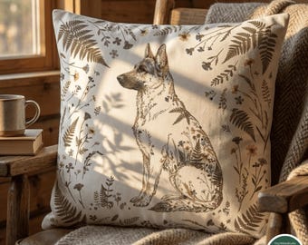May include: Square decorative pillow featuring a German Shepherd dog illustration surrounded by botanical elements in shades of brown and beige. The pillow is placed on a wooden chair with a blanket.