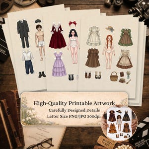 Pu&ograve; includere: Bambole di carta in stile vintage con vari outfit, tra cui abiti, completi e biancheria intima. Le bambole sono su carta color crema, con il testo "High-Quality Printable Artwork" e "Carefully Designed Details".