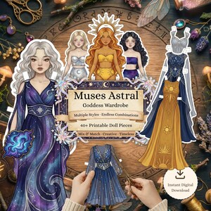 Op de afbeelding: Een digitale download met papieren poppen met een hemels thema. De afbeelding toont papieren poppen met verschillende jurken en accessoires. De "Muses Astral Goddess Wardrobe" bevat meerdere stijlen en eindeloze combinaties.