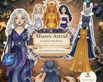 Muses Astral Printable Paper Dolls Göttin Kleiderschrank Kit, Celestial Dress Up DIY Handwerk für Kinder & Erwachsene Solar Lunar Aesthetic Journaling JPG