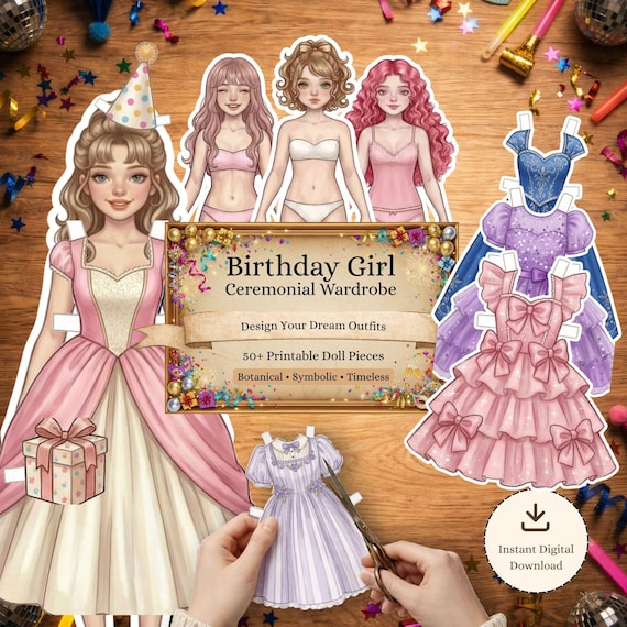 Birthday Girls Paper Doll Kit BJD Style, Dress Up Doll Birthday Party Activity, Junk Journal Clipart, DIY Girls Craft Digital Gift