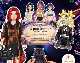 Bambola di carta stampabile con cacciatrice di Kpop, set di abiti da ragazza Dark Idol, materiale effimero per il journaling di Slayer Concept, kit di collage fai da te con tagli precisi, clipart di moda