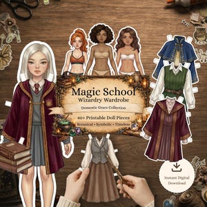 Peut inclure: Téléchargement numérique de poupées en papier et de pièces de garde-robe de sorcellerie. L'image comprend trois poupées en papier, diverses tenues et le texte "Magic School Wizardry Wardrobe". La palette de couleurs comprend le bordeaux, le gris et l'or.