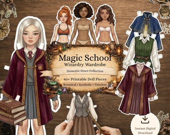 Bambole di carta della Scuola di Magia - Kit fai da te per la Scuola di Magia, abiti e accessori da strega in stile BJD per il journaling, download digitale immediato in formato JPG