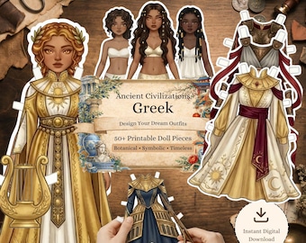Ancient Greek Civilizations Paper Doll Printable BJD Style: Olympian Grace, Gothic Witch & Alt Fashion Dress Up, Junk Journal Clipart PNG