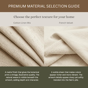 May include: Image showcasing fabric samples. The text reads "Premium Material Selection Guide" and "Choose the perfect texture for your home." The left side displays Cotton Linen Mix, and the right side shows French Velvet. Descriptions highlight the matte finish and subtle sheen of each fabric.