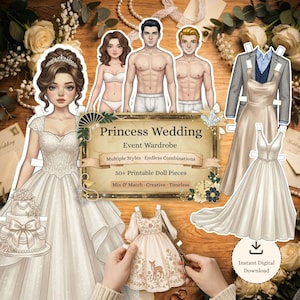 May include: A digital paper doll set with a wedding theme. The set includes a bride, groom, and various outfits, including wedding dresses and suits. The text on the image reads "Princess Wedding Event Wardrobe".