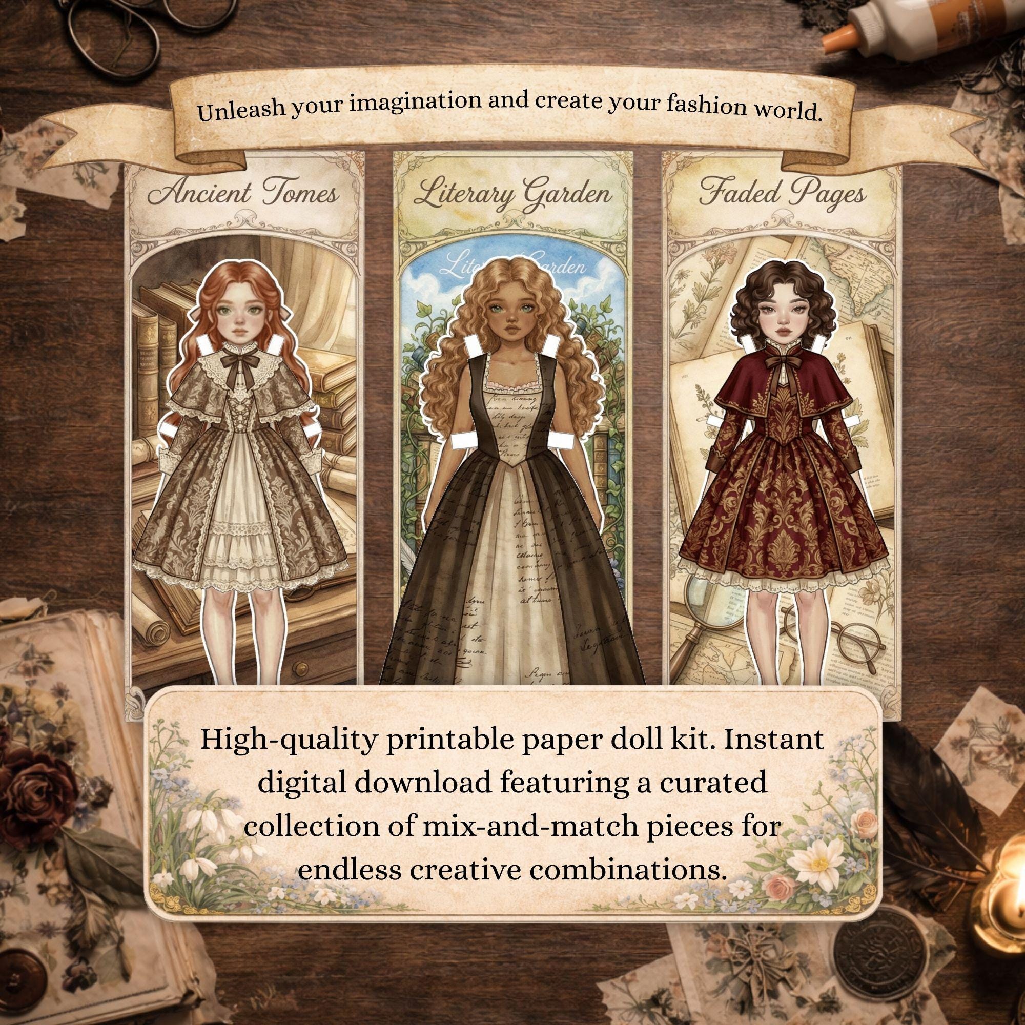 Vintage Paper Doll Printable Kit, Dark Academia Dress up Doll PNG ...