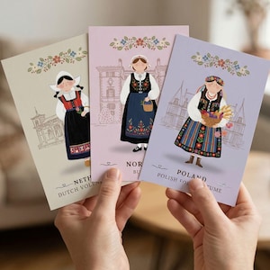 28 European Folk Costume Postcards, Traditional Ethnic Dress Illustration Set, Cultural Travel Souvenir, Aesthetic Art Prints