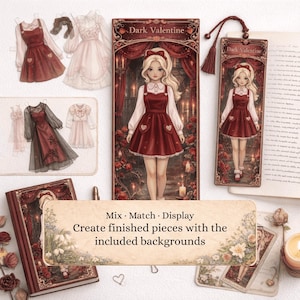 Pu&ograve; includere: Illustrazione di una giovane donna in un abito bordeaux con dettagli a cuore, una camicetta bianca e un fiocco abbinato. L'immagine include un segnalibro, un libro e ritagli di abiti. Il testo "Dark Valentine" &egrave; visibile.
