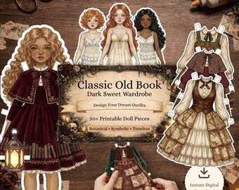 Vintage Paper Doll Printable Kit, Dark Academia Dress Up Doll PNG, Klassisches altes Buch Junk Journal Clipart, DIY Mutter Tochter Handwerk Aktivität