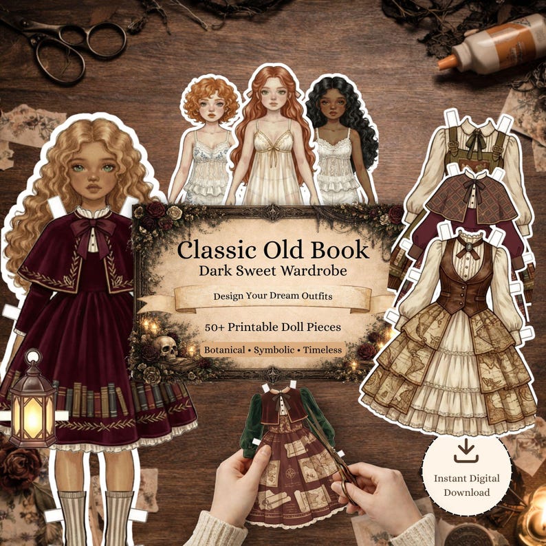 Vintage Paper Doll Printable Kit, Dark Academia Dress up Doll PNG ...