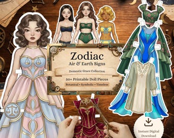Zodiac Printable Paper Doll Kit: Air & Earth Signs, Botanical BJD Style DIY Doll Set, Digital Download for Kids Activity Junk Journaling