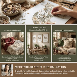 May include: An image showcasing botanical-themed products. It features a cat illustration made of flowers, bedding sets, framed flora and fauna prints, and cushion covers. The text includes "Botanical Bedding Sets", "Museum-Quality Wall Art", and "Signature Cushion Covers".
