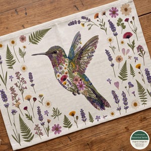 Hummingbird Botanical Linen Placemat, Lavender Floral Bird Table Decor (12x18 in)