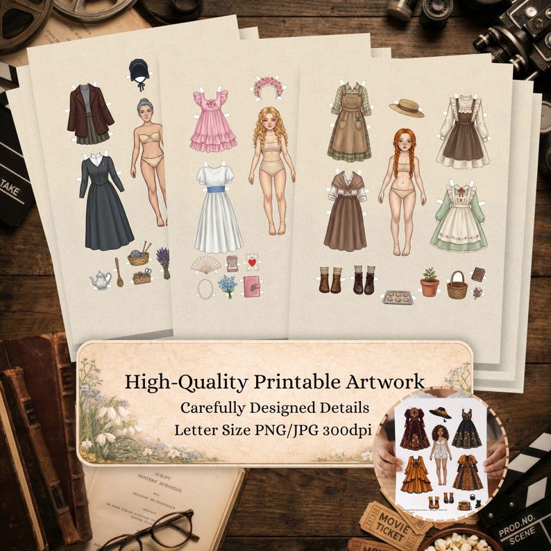 Pu&ograve; includere: Bambole di carta stampabili con abiti e accessori vintage. Le bambole sono su carta color crema, con abiti rosa, marroni, bianchi e verdi. L'immagine include il testo "High-Quality Printable Artwork" e "Carefully Designed Details".