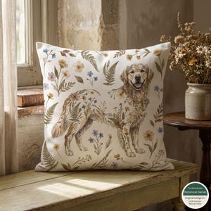 Personalized Golden Retriever pillow cover with a printed pressed-flower-inspired floral and fern dog portrait in brown, beige and blue on a neutral background; optional name personalization, insert not included.
