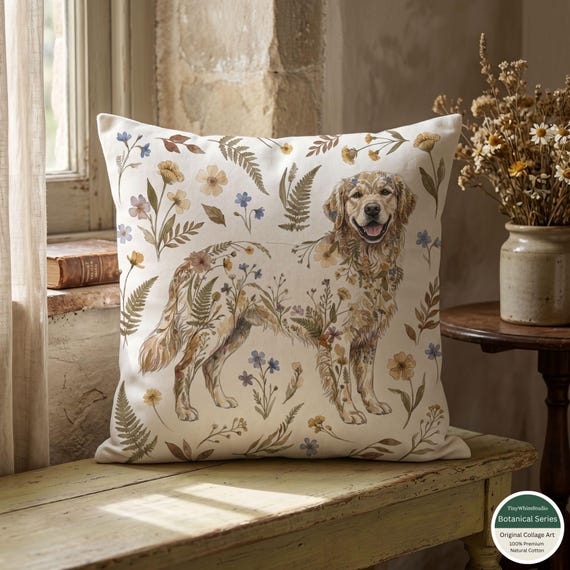 Personalized Golden Retriever Pillow Cover, Botanical Dog Art Throw Pillow, Custom Name Dog Mom Gift