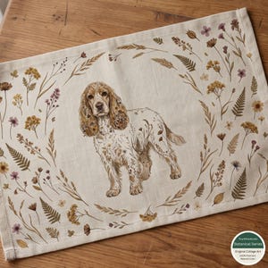 Cocker Spaniel Custom Linen Placemat, Botanical Dog Table Mat, Cottagecore Floral Dining Decor, Grandma Gift, Housewarming Gift