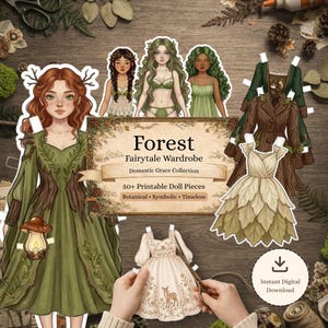 Kit di bambole di carta stampabili con streghe, materiale effimero della scuola di magia per diario spazzatura, taglio fussy rosa e verde, gioco per feste per bambini, lavoretto da favola vintage