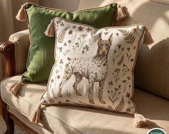 May include: A square throw pillow featuring a cream-colored fabric with a brown Doberman dog illustration overlaid with botanical floral and fern patterns. The pillow has beige tassels at each corner and is paired with a solid olive green pillow.