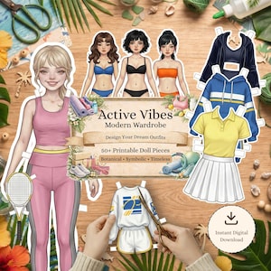 May include: A printable paper doll set titled Active Vibes Modern Wardrobe featuring a blonde doll in pink athletic wear, three additional doll figures in swimwear, and various clothing items including a yellow polo shirt and a white tennis skirt.