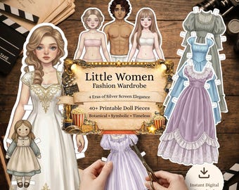 Bambola di carta stampabile "Piccole donne", bambola da vestire in stile BJD, clipart di diario gotico vittoriano, download digitale, regalo fai da te per ragazze