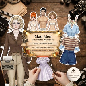 May include: A digital download featuring paper dolls and outfits inspired by the Mad Men era. The image includes paper dolls, various clothing options, and the text "Mad Men Cinematic Wardrobe". The design includes the words "Botanical, Symbolic, Timeless".