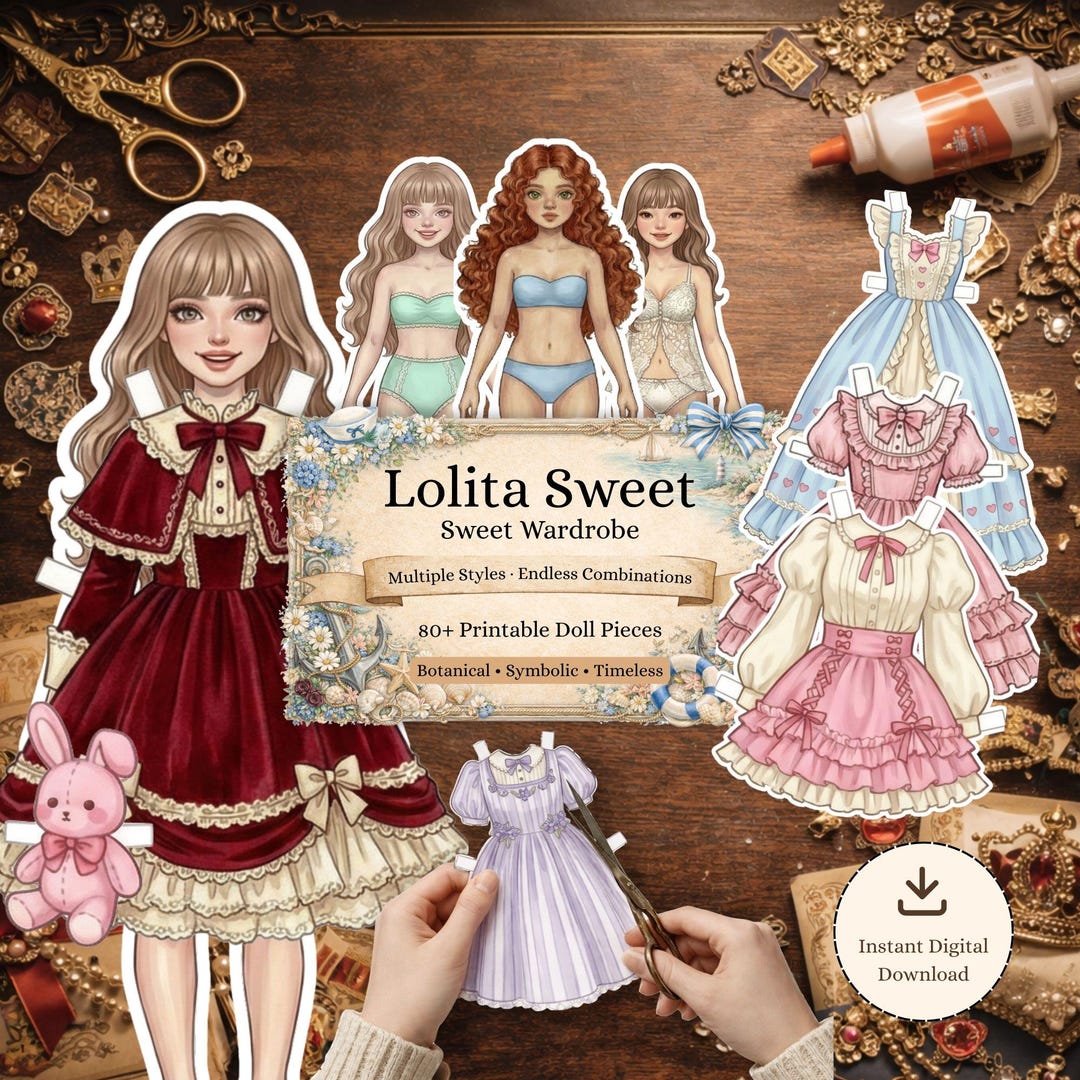 Sweet Lolita Paper Doll Kit, Printable Dress up Doll, 80+ Mix & Match ...