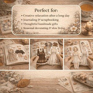 Pu&ograve; includere: Un collage di bambole di carta in stile vintage ed elementi di scrapbooking. L'immagine include libri aperti con illustrazioni di abiti, bambole di carta ed elementi decorativi. Il testo recita: "Perfetto per: Relax creativo, journaling, regali e decorazioni stagionali."