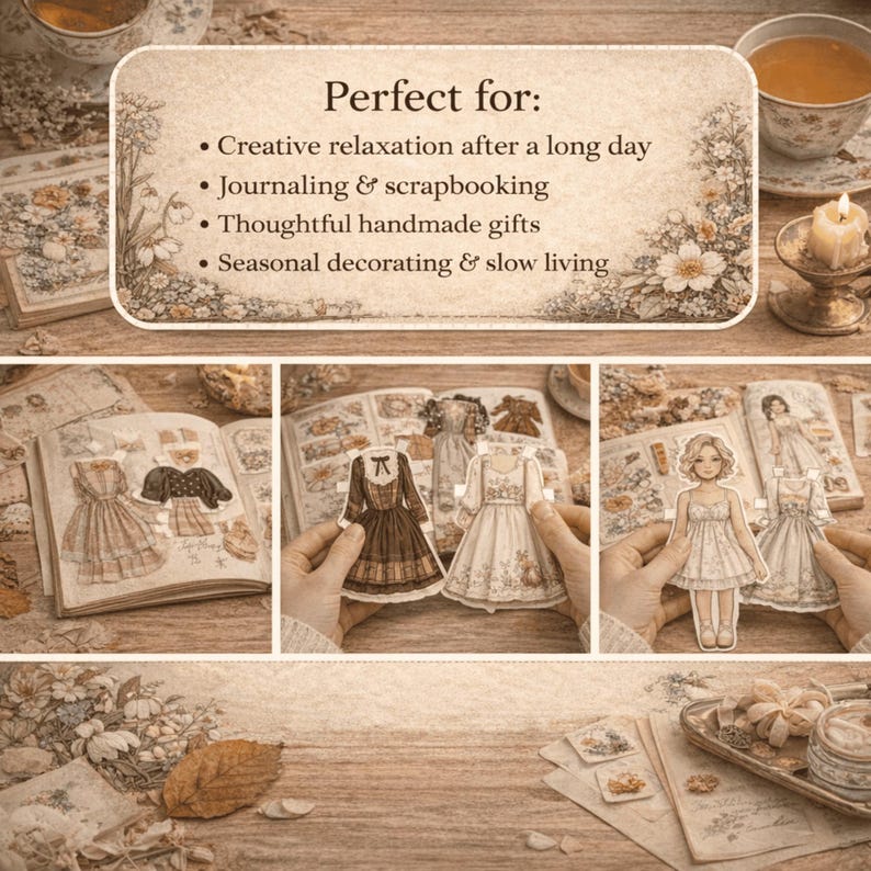 Pu&ograve; includere: Un collage di bambole di carta in stile vintage ed elementi di scrapbooking. L'immagine include libri aperti con illustrazioni di abiti, bambole di carta ed elementi decorativi. Il testo recita: "Perfetto per: Relax creativo, journaling, regali e decorazioni stagionali."