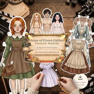 Pu&ograve; includere: Illustrazione di un set di guardaroba cinematografico "Anne of Green Gables". Il set include bambole di carta, abiti e accessori. Il testo sull'immagine recita "Design Your Dream Outfits" e "40+ Printable Doll Pieces".