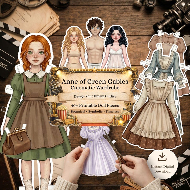 Pu&ograve; includere: Illustrazione di un set di guardaroba cinematografico "Anne of Green Gables". Il set include bambole di carta, abiti e accessori. Il testo sull'immagine recita "Design Your Dream Outfits" e "40+ Printable Doll Pieces".
