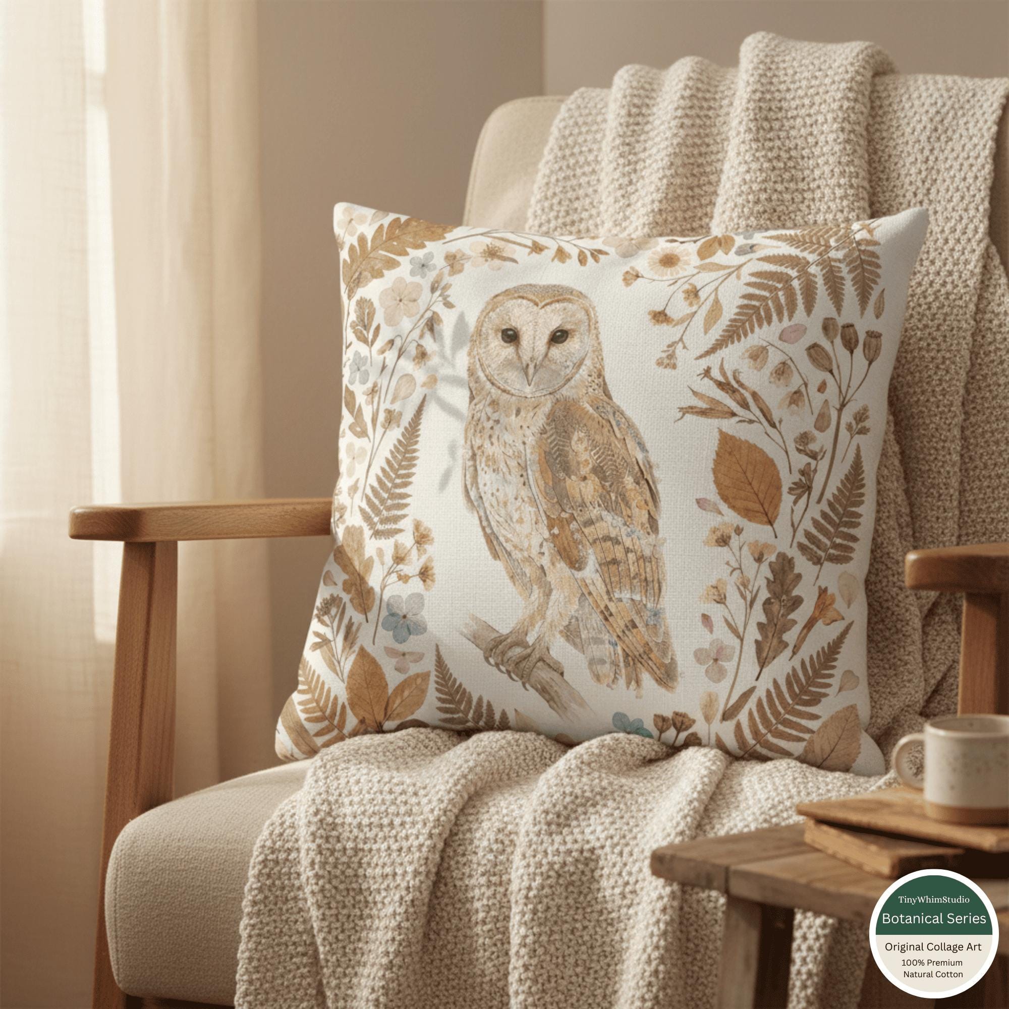 Barn Owl Custom Pressed Flower Botanical Throw Pillow, Vintage Cottagecore Aesthetic Cushion Cover,