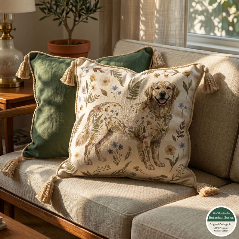 May include: A decorative throw pillow featuring a golden retriever design with floral accents. The pillow has a beige background, a tan border, and tan tassels. A second green pillow with tassels is also visible.