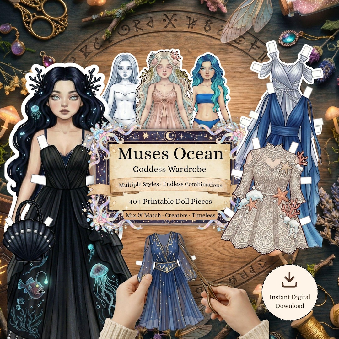 mermaid dress up set paper Ocean Muses Printable Doll Kit, Aesthetic Goddess Ocean Digital Download, Up, DIY Journaling Craft for Kids & Adults 3 jpg file( 300 Size:MEDUIM Size:XXL Diy mermaid tail Women's Spring Clothes: Cute