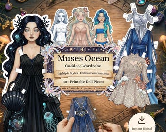Ocean Muses Printable Paper Doll Kit, Ästhetik Göttin Ozean Digitaler Download, Meerjungfrau verkleiden sich, DIY Journaling Craft für Kinder & Erwachsene
