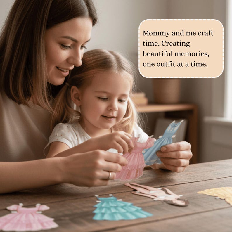 Pu&ograve; includere: Una madre e un bambino creano abiti per bambole di carta. L'immagine mostra abiti di carta colorati in rosa, blu e verde acqua. Il testo nell'immagine recita: "Mommy and me craft time. Creating beautiful memories, one outfit at a time."