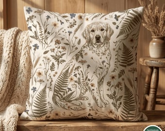 May include: A square throw pillow featuring a cream-colored fabric printed with a detailed illustration of a golden retriever dog surrounded by various botanical elements including ferns, wildflowers, and grasses in muted earth tones.