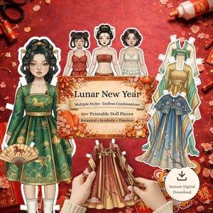 Muñeca de papel imprimible para el Año Nuevo Lunar 2026, Año del Caballo, efímeros para diario creativo, ilustración de moda oriental, manualidades recortadas con precisión.