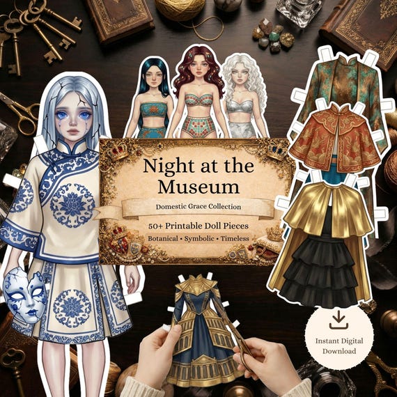 Museum Night Historical Wardrobe Printable Paper Dolls, Victorian Curator Dress Up Craft Kit