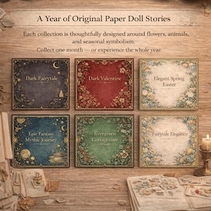 Pu&ograve; includere: Una collezione di sei set di storie di bambole di carta quadrate con temi floreali e stagionali. I titoli includono "Dark Fairytale", "Dark Valentine", "Elegant Spring Easter", "Epic Fantasy Mythic Journey", "Evergreen Cottagecore" e "Fairytale Elegance".