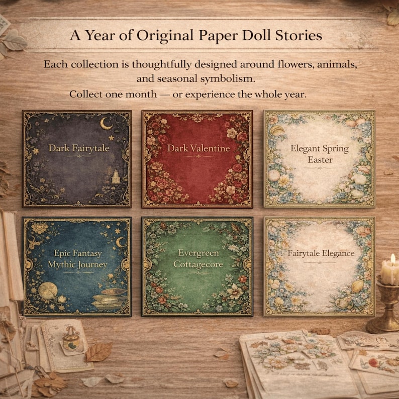 Pu&ograve; includere: Una collezione di sei set di storie di bambole di carta quadrate con temi floreali e stagionali. I titoli includono "Dark Fairytale", "Dark Valentine", "Elegant Spring Easter", "Epic Fantasy Mythic Journey", "Evergreen Cottagecore" e "Fairytale Elegance".