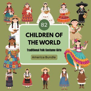 Pacchetto di clipart sui costumi tradizionali delle Americhe, oltre 80 PNG, educazione multiculturale, Messico, Brasile, Canada, Perù
