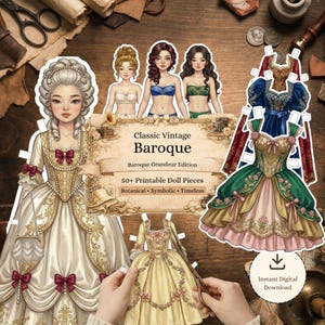 Baroque BJD Paper Doll Printable Kit: Gothic Witch & Royal Dress Up, DIY Junk Journal Ephemera, Aesthetic Scrapbook Craft, Digital Download