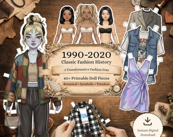 90s Grunge Printable Paper Doll, Gothic Alt Fashion Dress Up Craft Kit