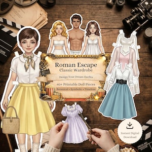 Roamin' Holiday Paper Doll Kit, Eternal City Princess Fashion, Italian Summer Vacation Art, Vespa & Fountain Retro Vibes