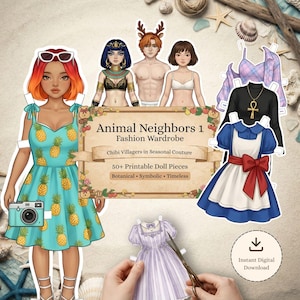 Animal Neighbors Printable Paper Doll Kit, Humanized Animal Villagers, Dress Up Doll, Junk Journal Ephemera, Digital Download Paperdoll