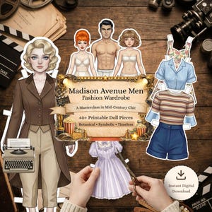 Madison Avenue Men & Ladies Paper Dolls, 1960s Advertising Era Fashion, Retro Mid Century Modern Style, Vintage Office Chic