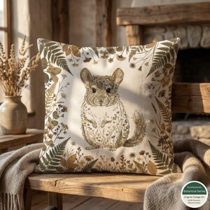 Könnte beinhalten: Quadratisches Kissen mit einer Chinchilla-Illustration, umgeben von botanischen Elementen in Braun-, Grün- und Cremetönen. Das Kissen liegt auf einer Holzbank. Der Text auf dem Kissen lautet "Tiny White Studio Botanical Series Original Cottage Art 100% Premium Natural Cotton."